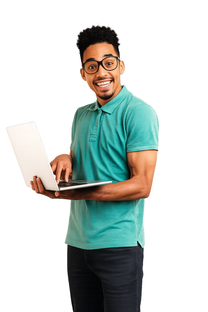 homme souriant avec un ordinateur portable